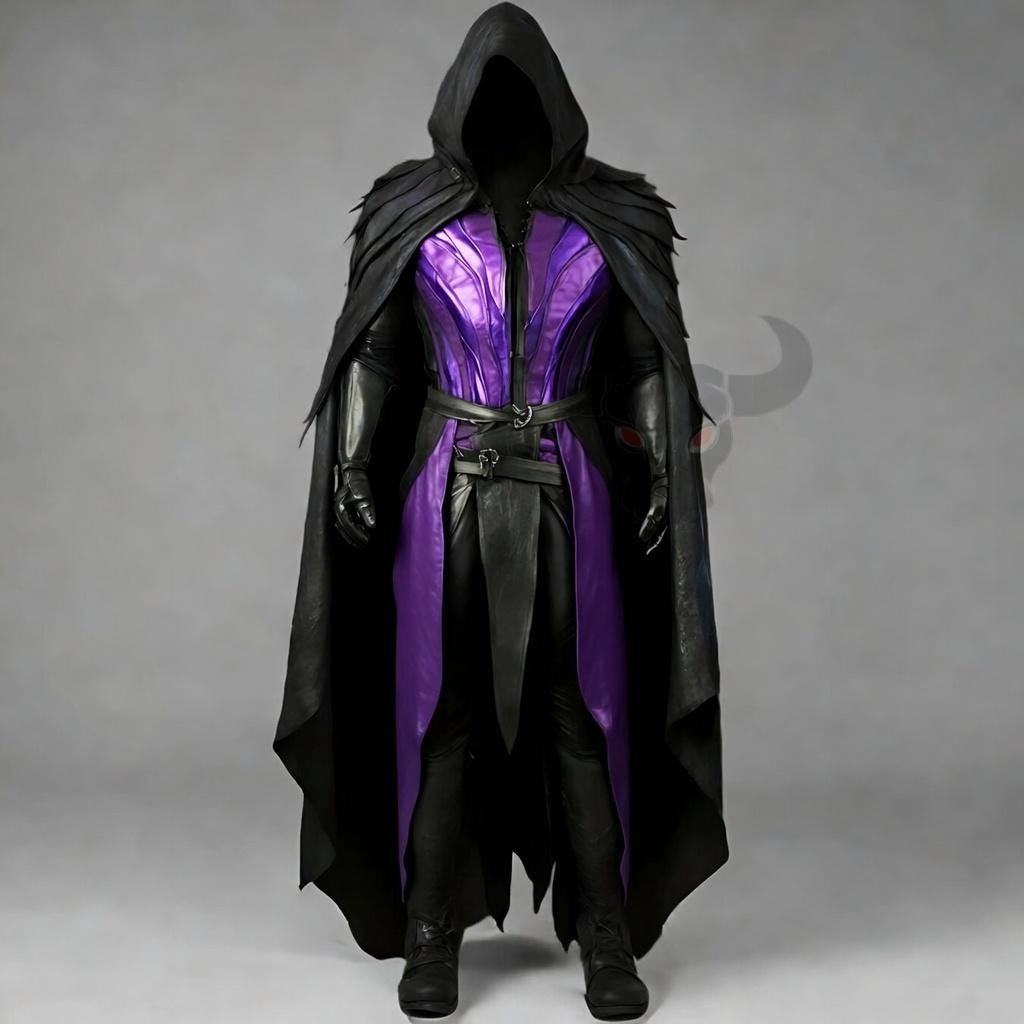 Dark Fantasy Real Leather Warrior Costume | Black Hooded Cloak & Blue Chest Armor