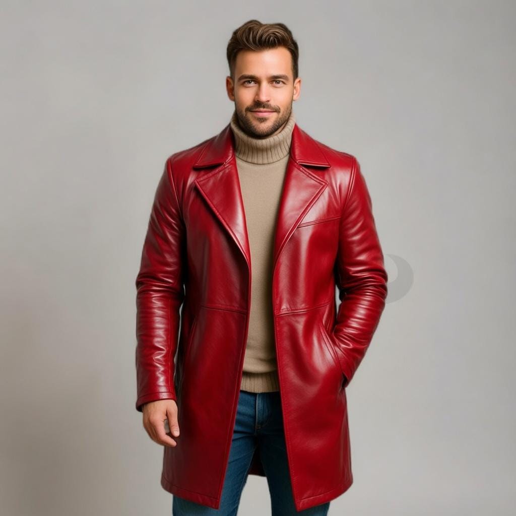 Men’s Green Leather Trench Coat Long Genuine Leather Jacket Winter Outerwear Handmade