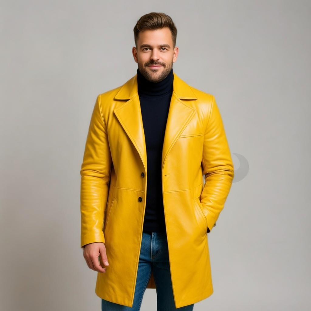 Men’s Green Leather Trench Coat Long Genuine Leather Jacket Winter Outerwear Handmade
