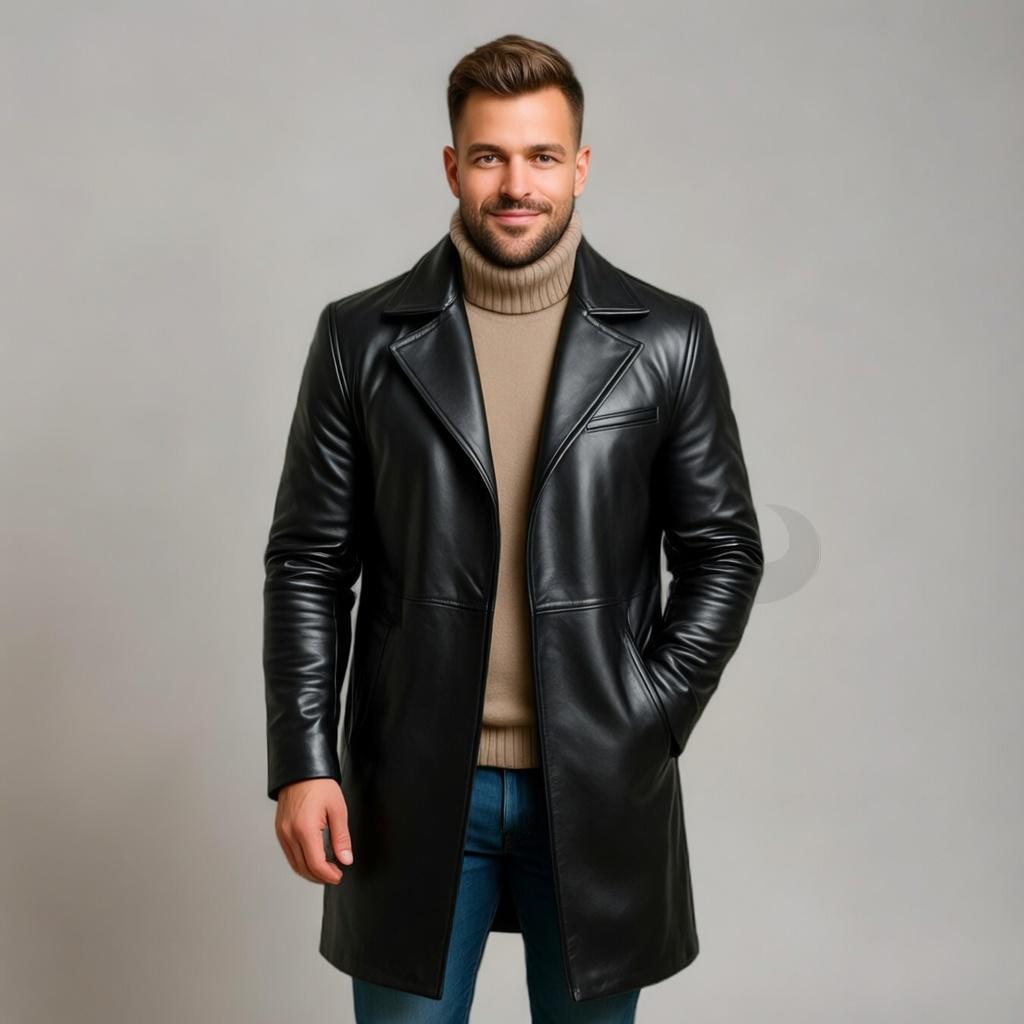 Men’s Green Leather Trench Coat Long Genuine Leather Jacket Winter Outerwear Handmade
