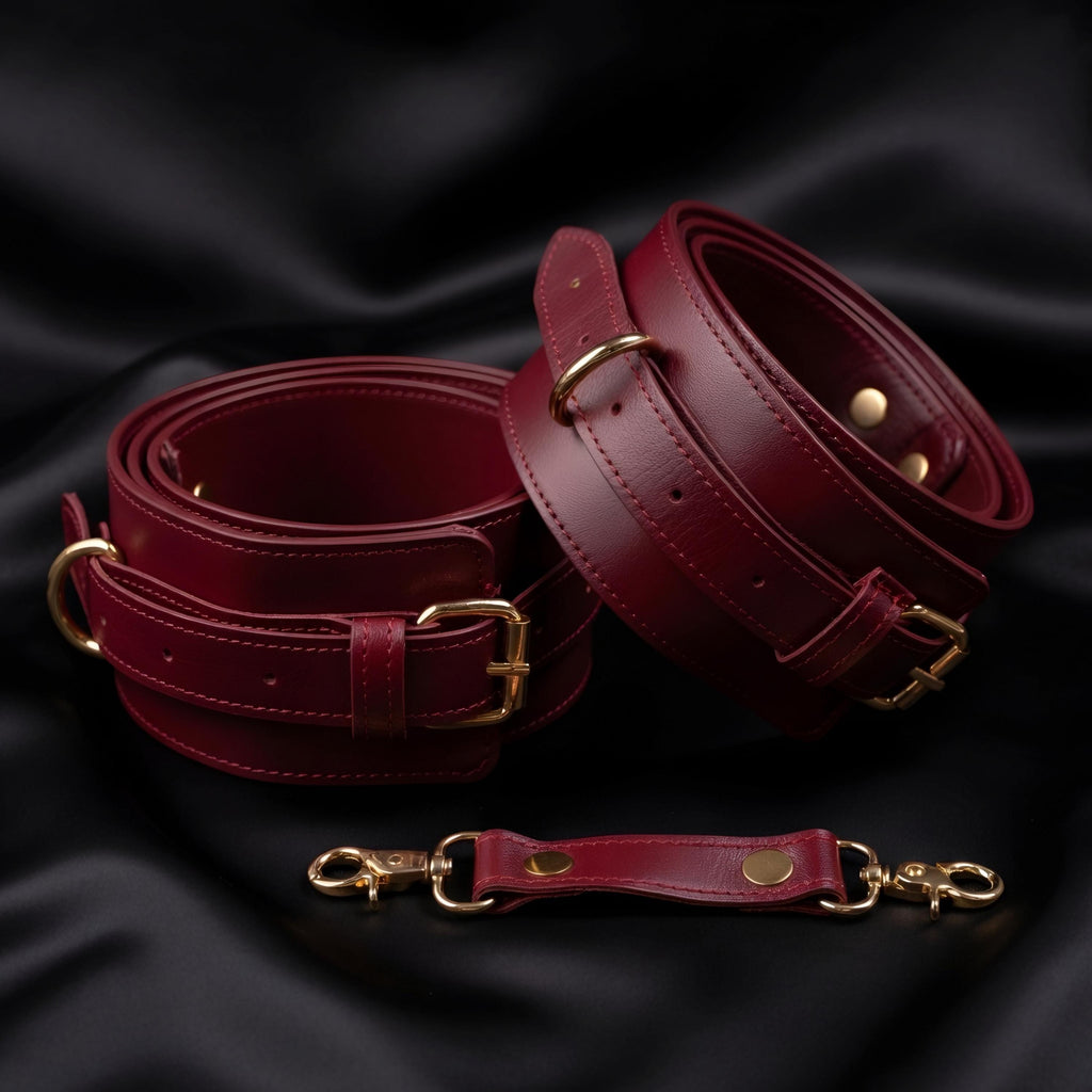 Burgundy Leather Set Restraints Wrist Ankle Thigh Cuffs Collar Anniversary Gift