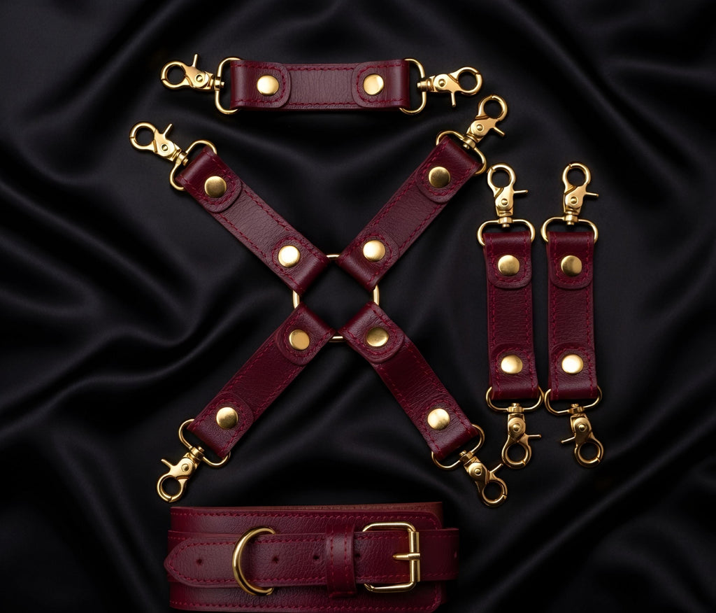 Burgundy Leather Set Restraints Wrist Ankle Thigh Cuffs Collar Anniversary Gift