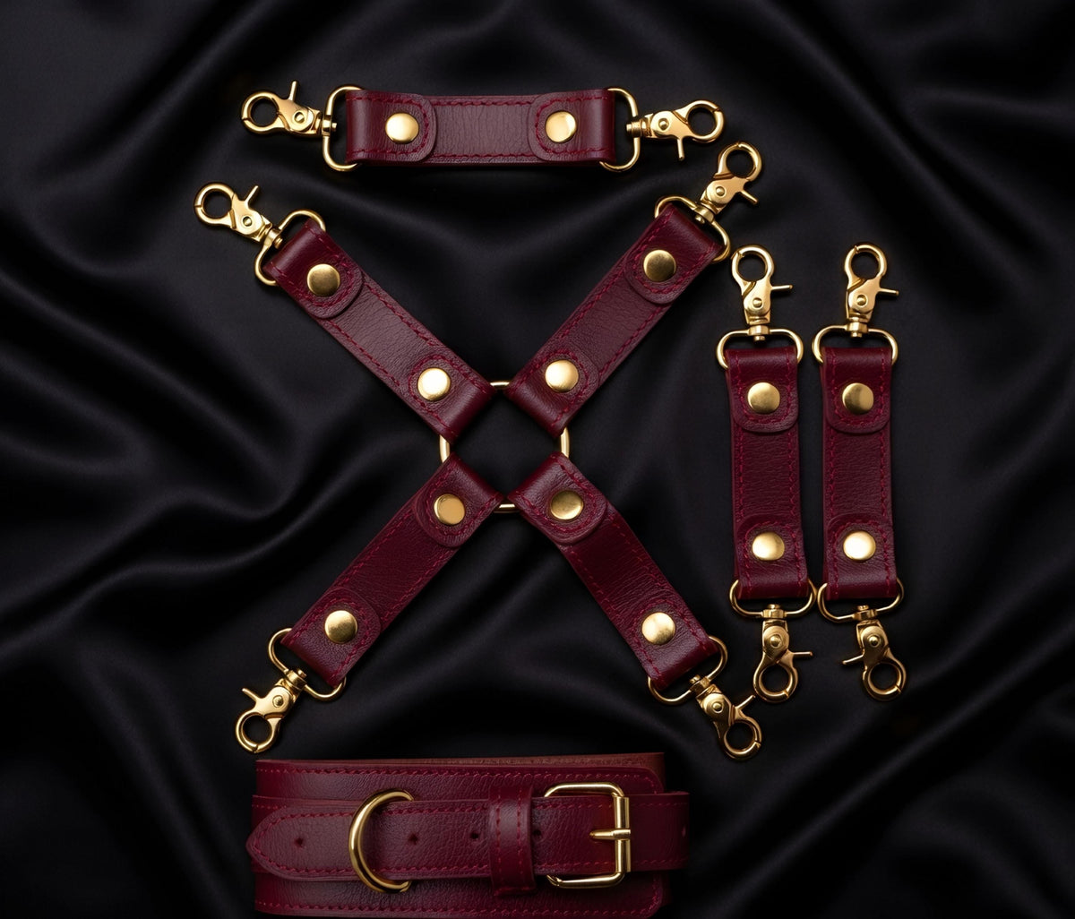 Burgundy Leather Set Restraints Wrist Ankle Thigh Cuffs Collar Anniversary Gift