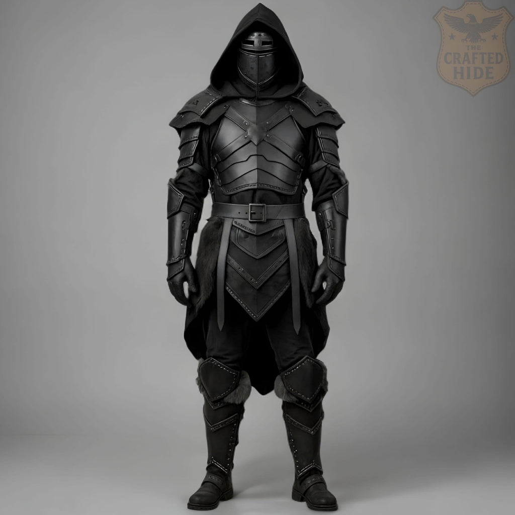 Black Knight Armor Costume Medieval Dark Warrior Hooded Leather LARP Cosplay Halloween Outfit