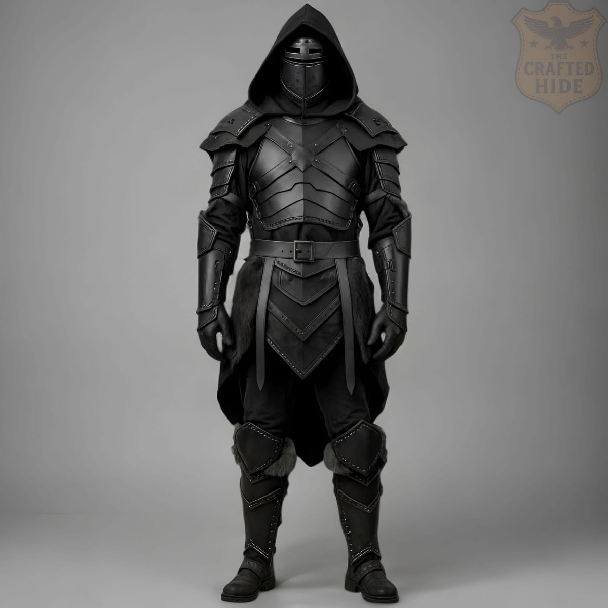Black Knight Armor Costume Medieval Dark Warrior Hooded Leather LARP Cosplay Halloween Outfit