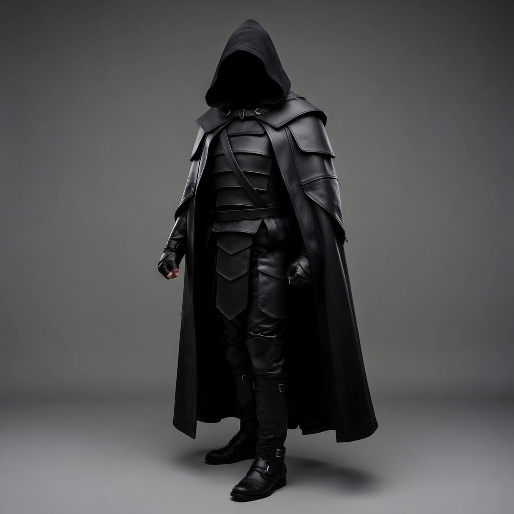 Black Hooded Leather Armor Cloak Costume | Medieval Assassin Knight Warrior Cosplay Outfit