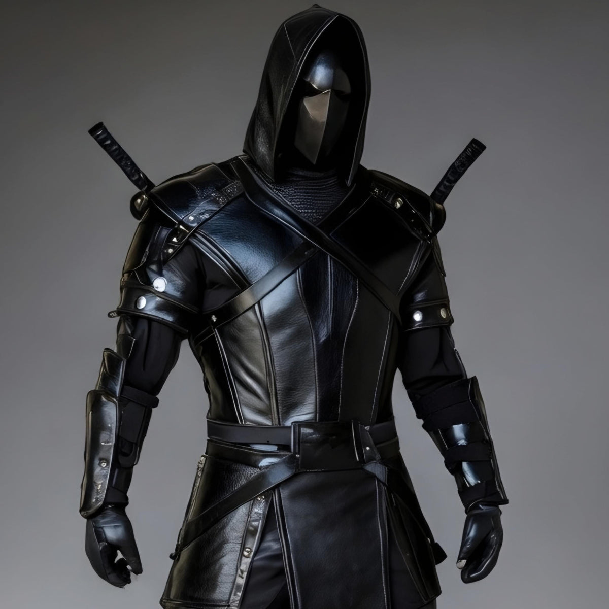 Black Assassin Ninja Hooded Leather Armor Costume Cosplay Full Set with Katanas