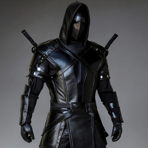 Black Assassin Ninja Hooded Leather Armor Costume Cosplay Full Set with Katanas