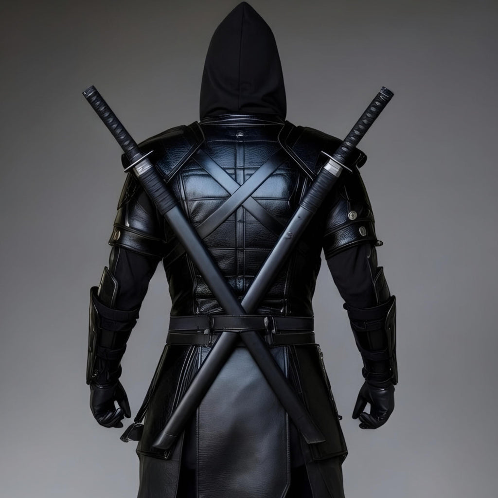 Black Assassin Ninja Hooded Leather Armor Costume Cosplay Full Set with Katanas