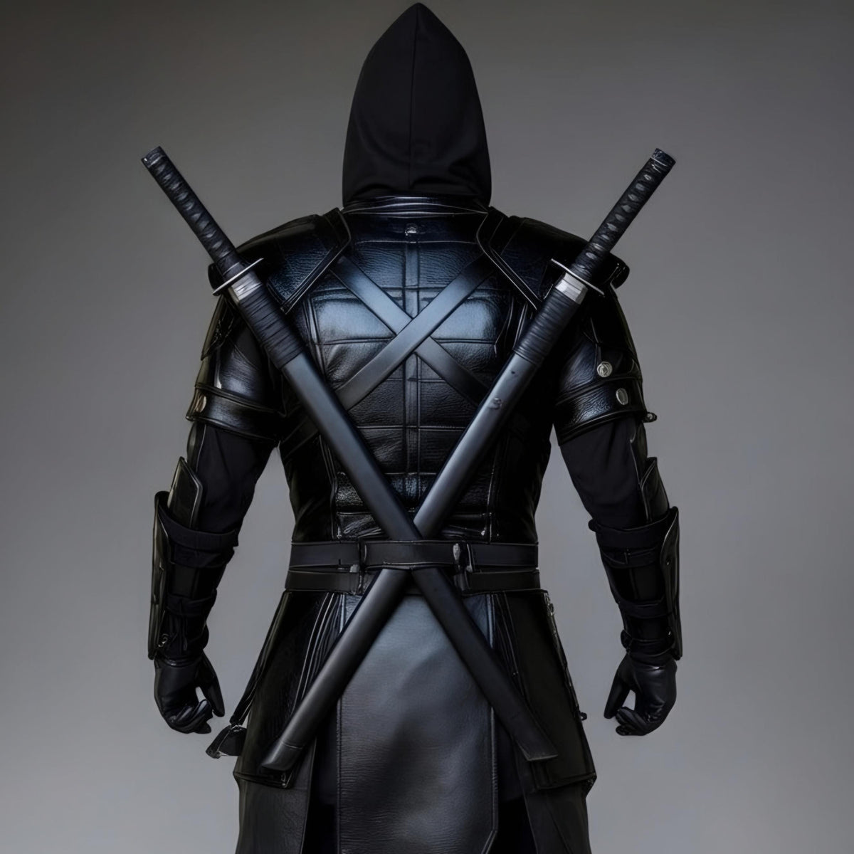 Black Assassin Ninja Hooded Leather Armor Costume Cosplay Full Set with Katanas