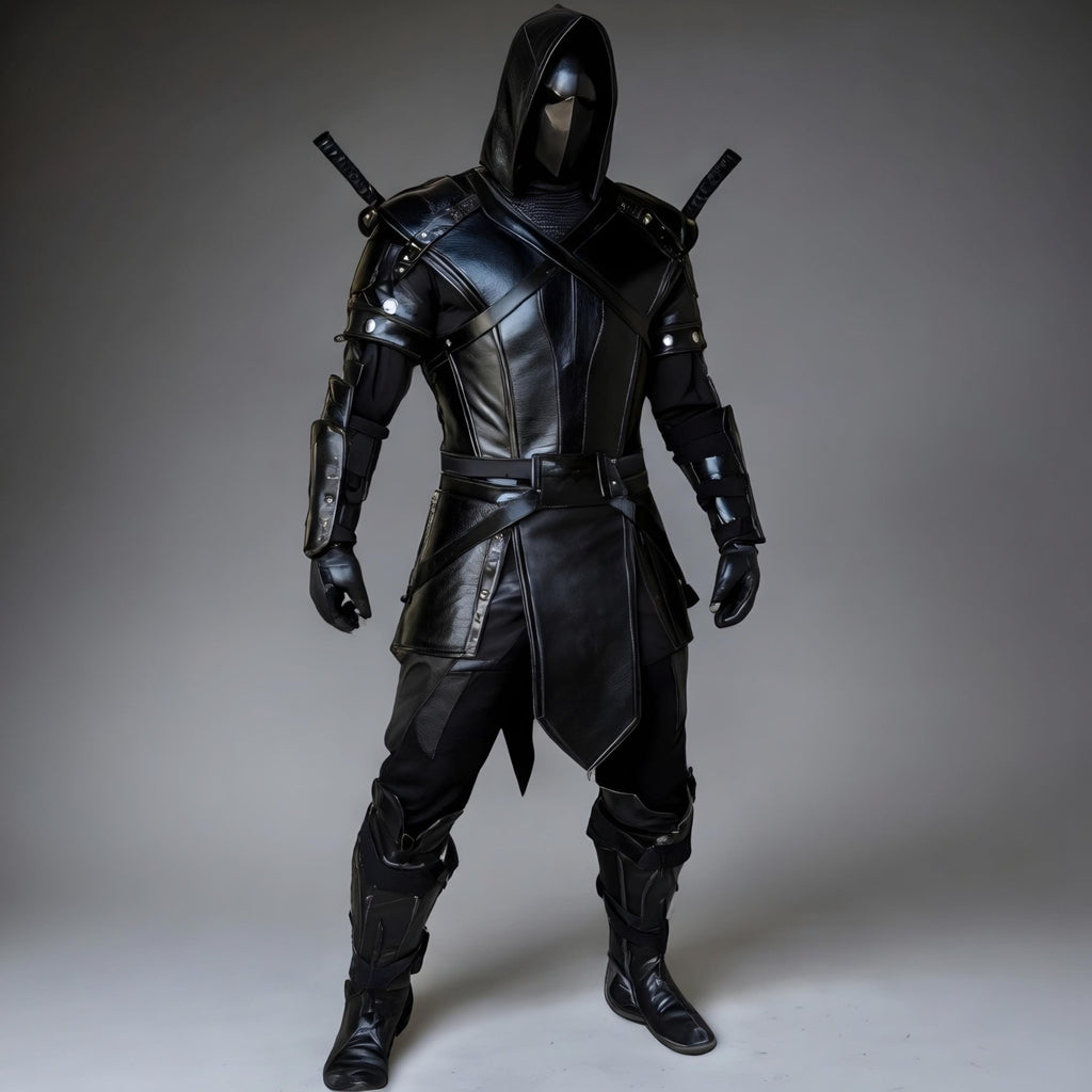 Black Assassin Ninja Hooded Leather Armor Costume Cosplay Full Set with Katanas