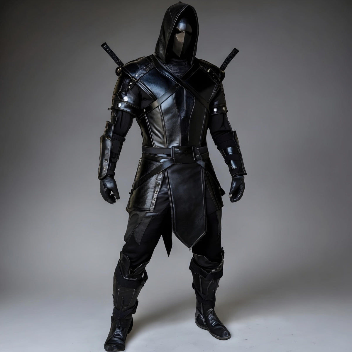 Black Assassin Ninja Hooded Leather Armor Costume Cosplay Full Set with Katanas