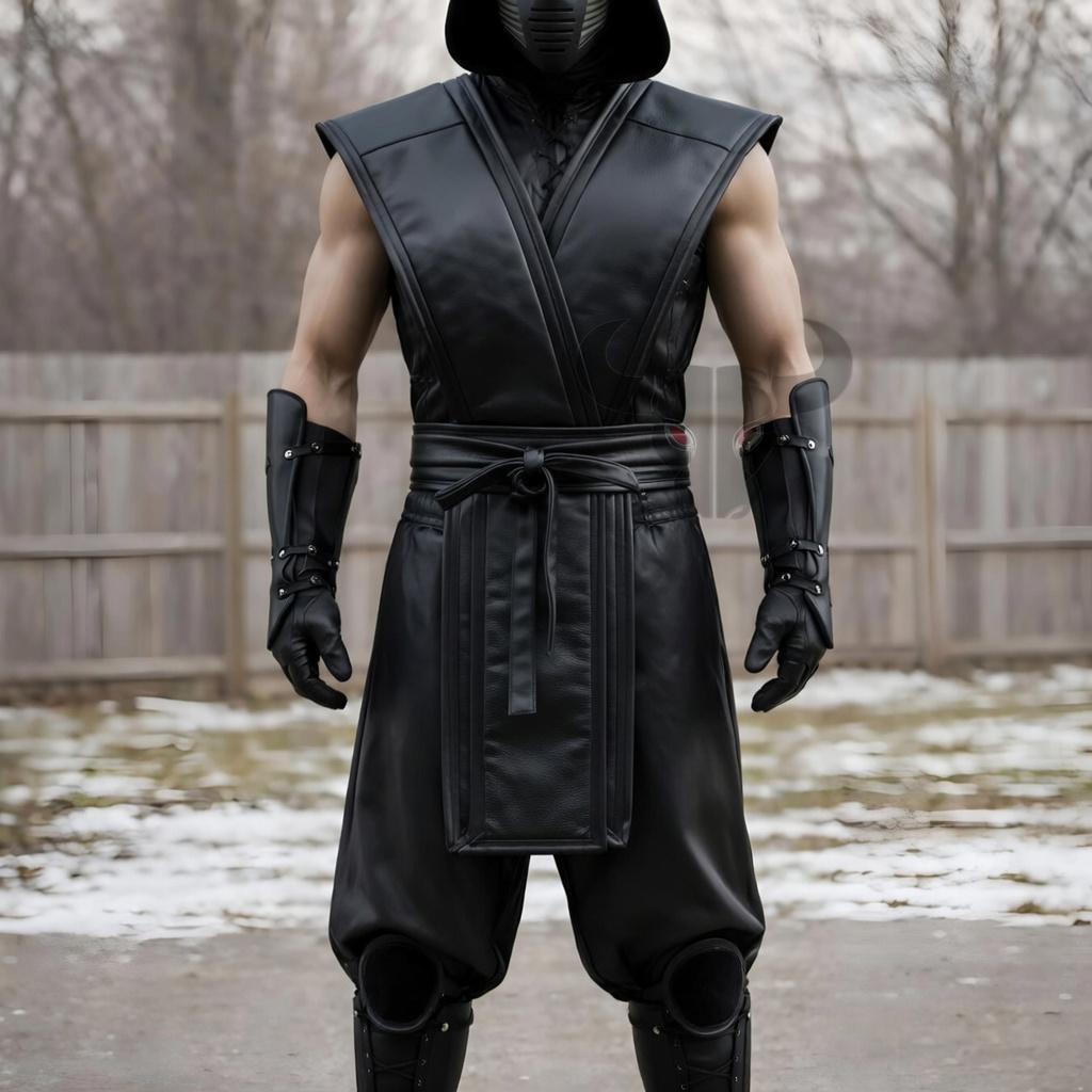 Yellow Black Ninja Warrior Costume Leather Outfit Masked Fighter Halloween Cosplay Armor Set Adult
