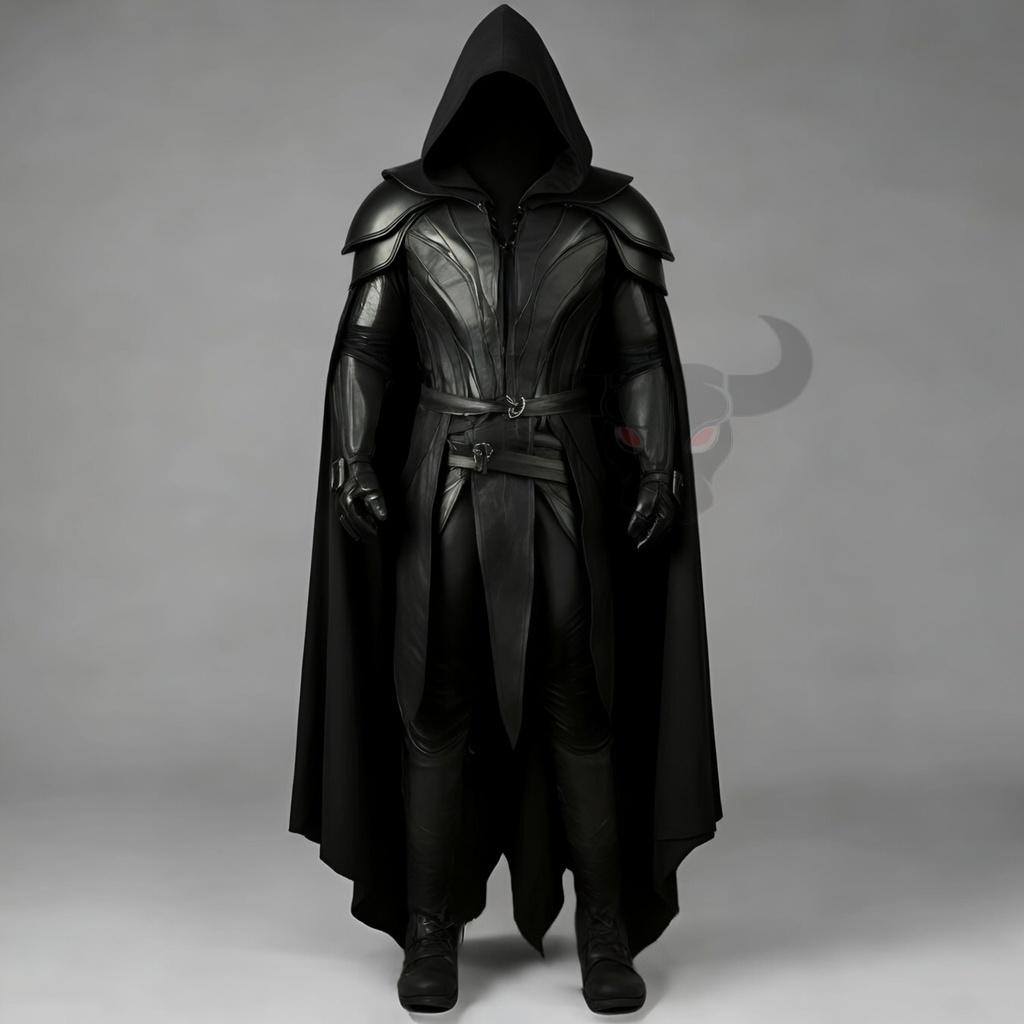 Dark Fantasy Real Leather Warrior Costume | Black Hooded Cloak & Blue Chest Armor