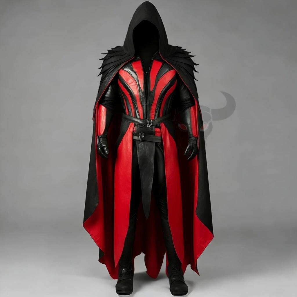 Dark Fantasy Real Leather Warrior Costume | Black Hooded Cloak & Blue Chest Armor