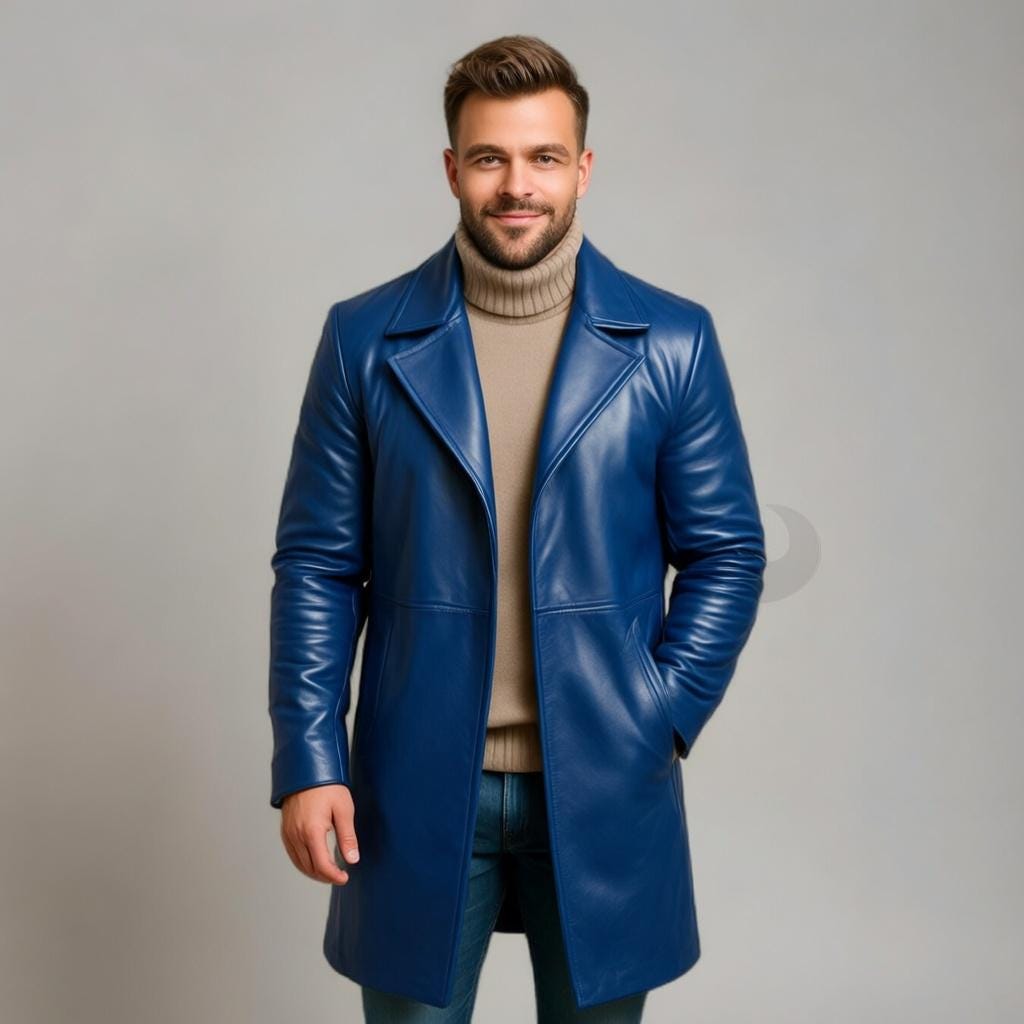 Men’s Green Leather Trench Coat Long Genuine Leather Jacket Winter Outerwear Handmade