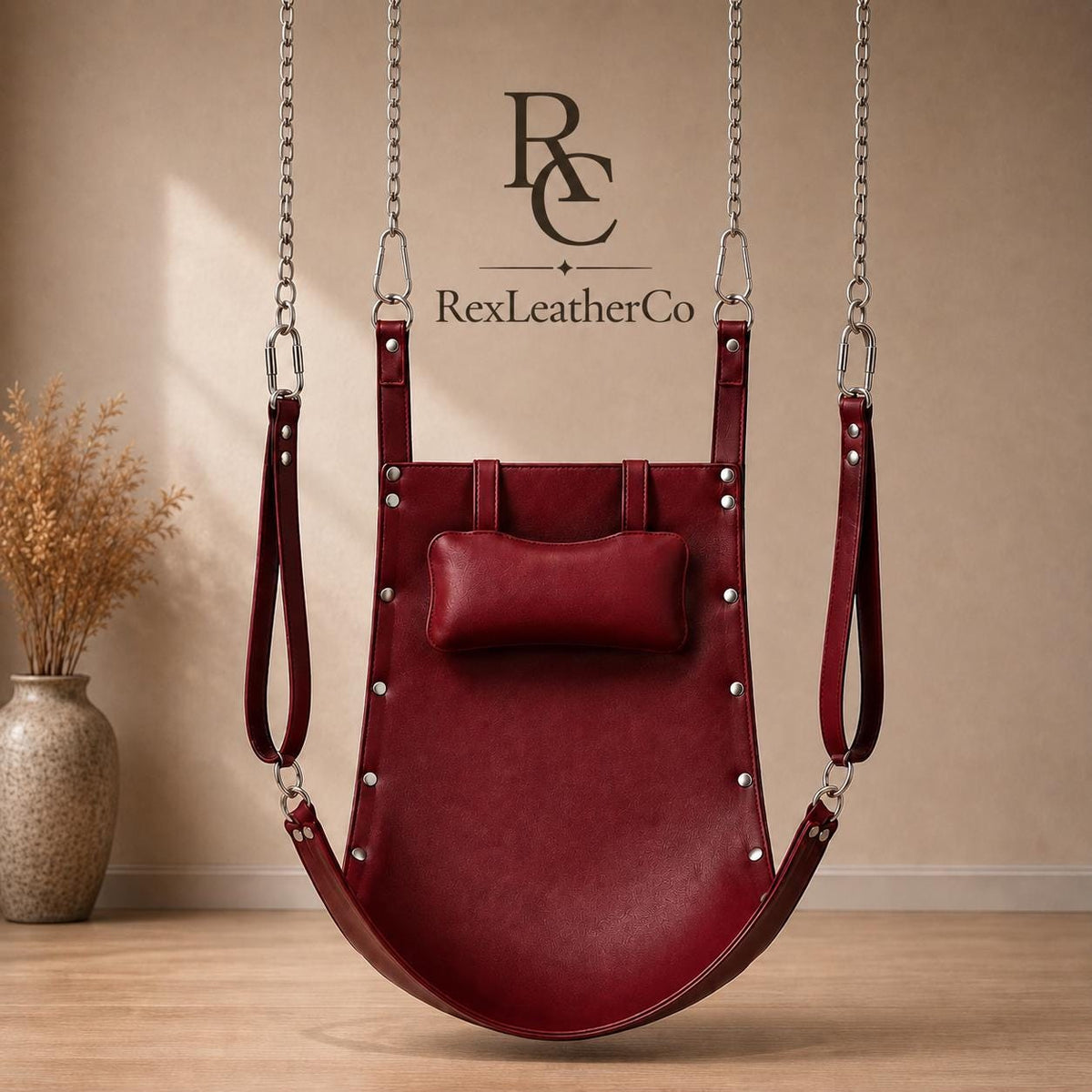 Burgundy Leather Hanging Sling, Padded Headrest, Adjustable Straps, Custom Size