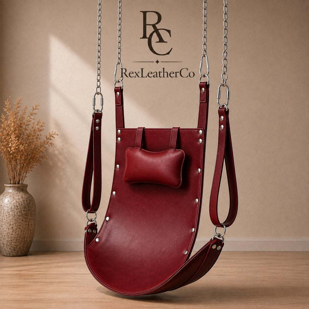 Burgundy Leather Hanging Sling, Padded Headrest, Adjustable Straps, Custom Size