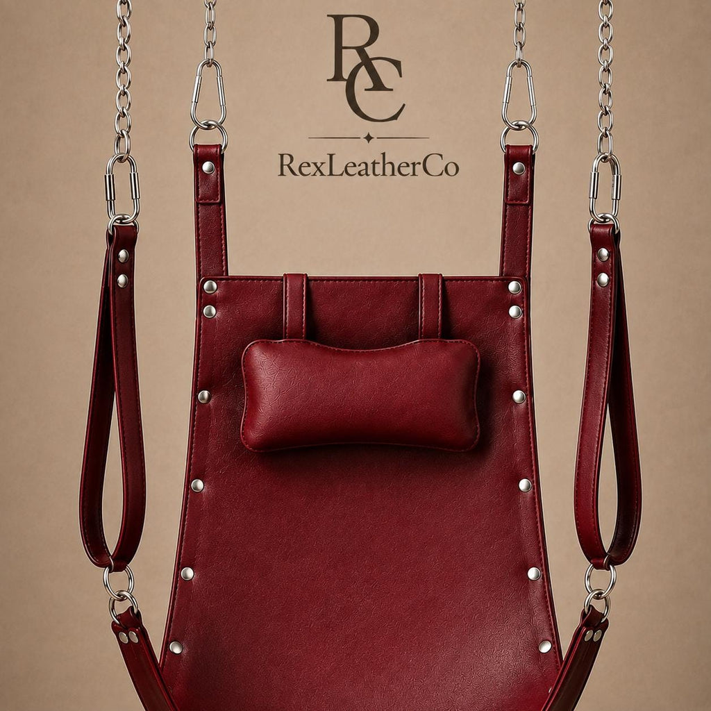 Burgundy Leather Hanging Sling, Padded Headrest, Adjustable Straps, Custom Size