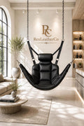 Black Genuine Leather Padded Hanging Chair, Handmade Indoor Swing Seat