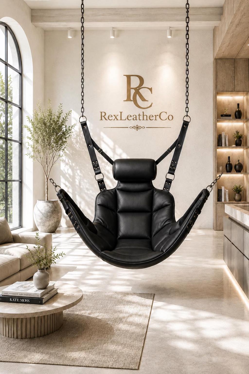 Black Genuine Leather Padded Hanging Chair, Handmade Indoor Swing Seat