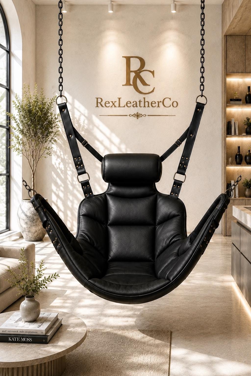 Black Genuine Leather Padded Hanging Chair, Handmade Indoor Swing Seat