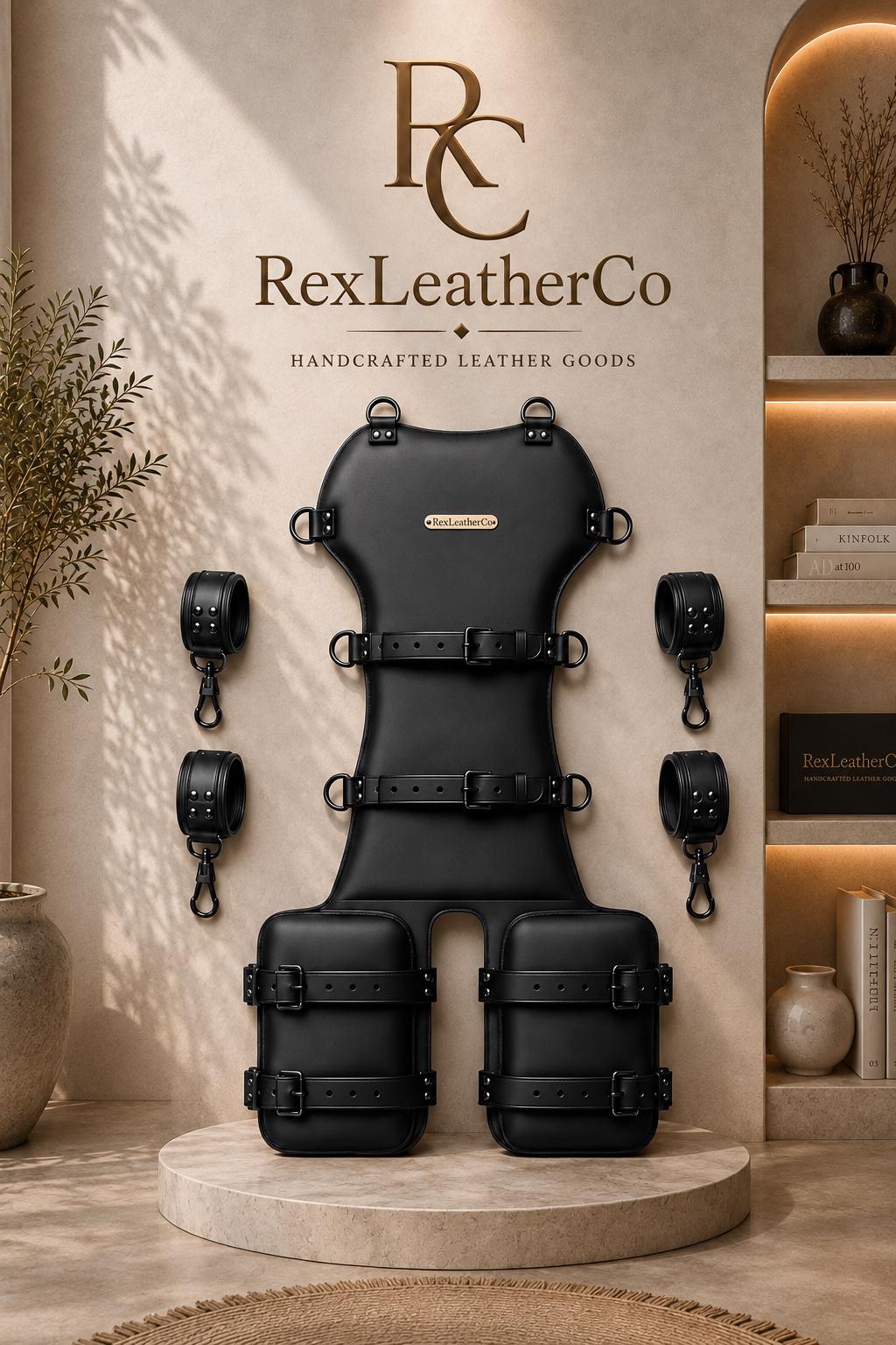 Handmade Black Leather Restraint Board with Adjustable Straps and Cuffs, Custom Leather Furniture, RexLeatherCo
