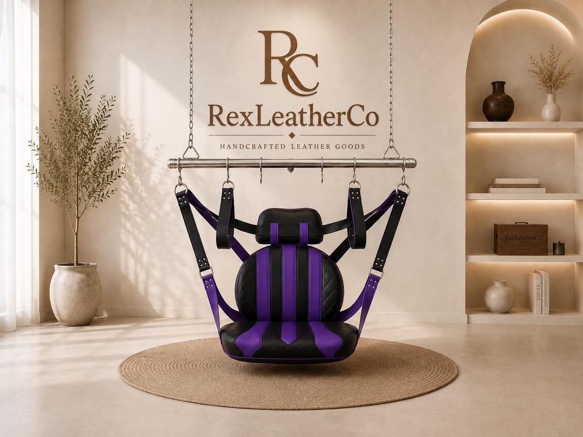 Handcrafted Genuine Leather Swing Chair, Black Purple Padded Seat, Custom Suspension (Customizable)