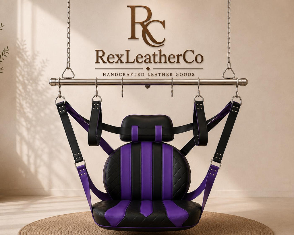 Handcrafted Genuine Leather Swing Chair, Black Purple Padded Seat, Custom Suspension (Customizable)