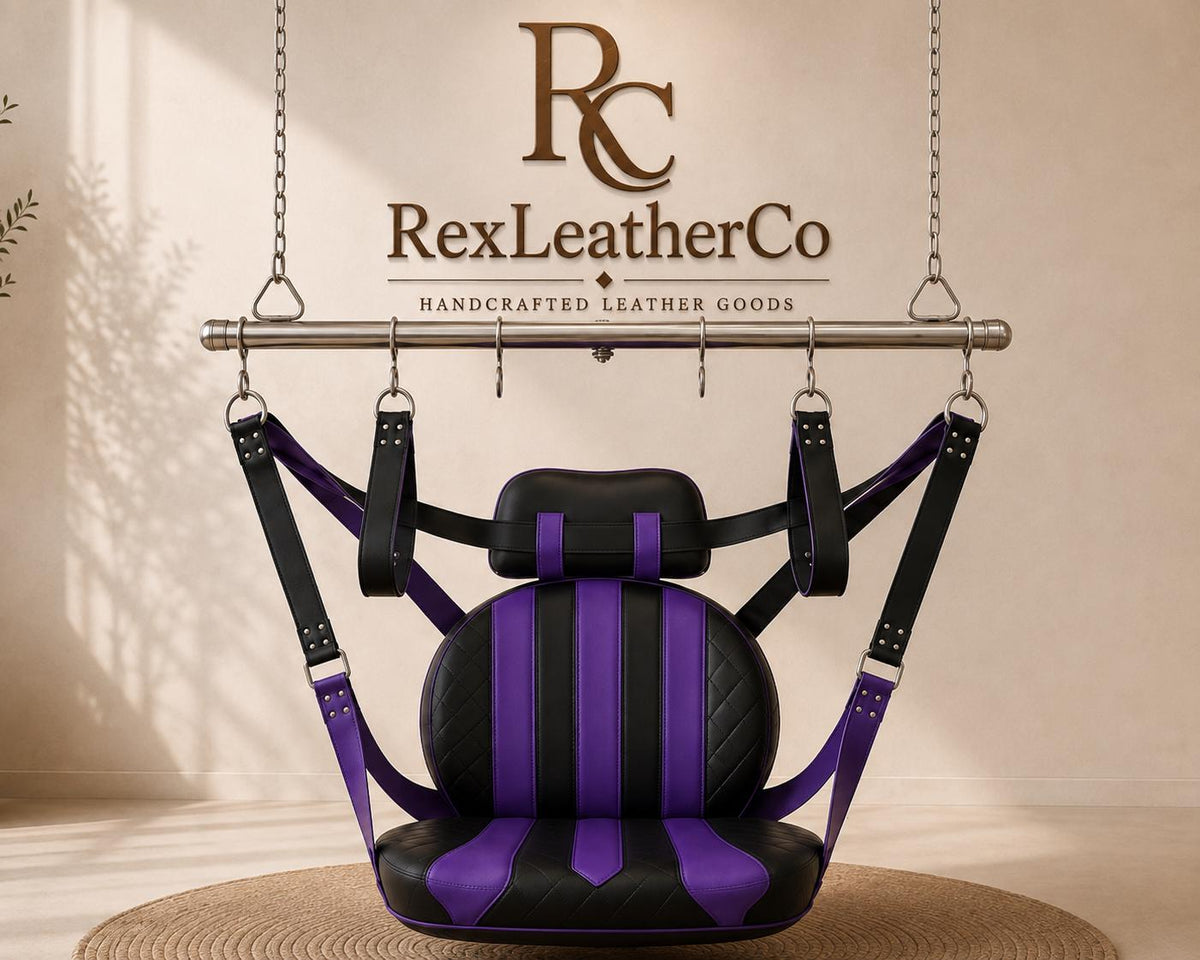 Handcrafted Genuine Leather Swing Chair, Black Purple Padded Seat, Custom Suspension (Customizable)