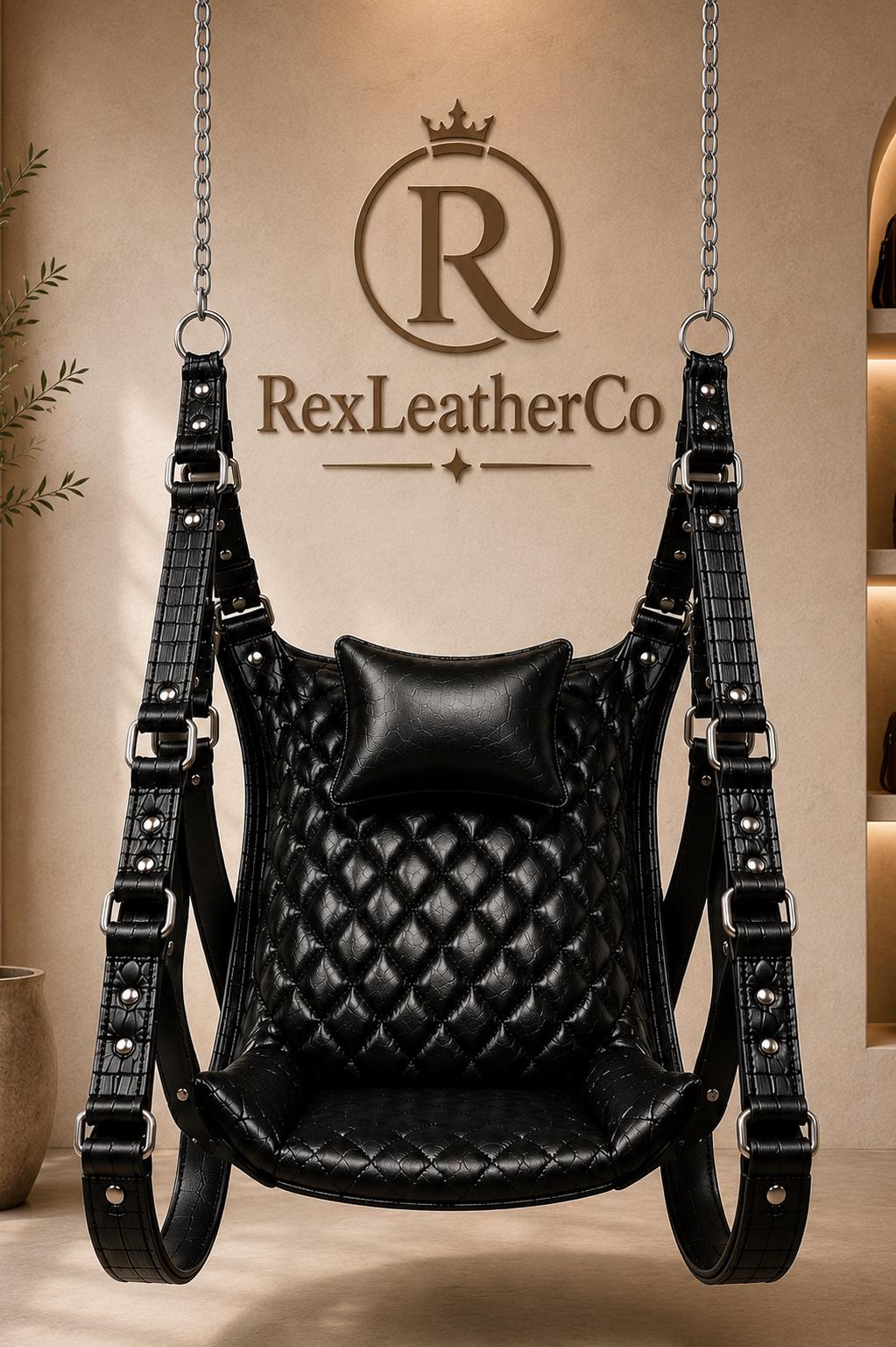 Black Quilted Leather Hanging Chair, Handmade Luxury Sling Seat