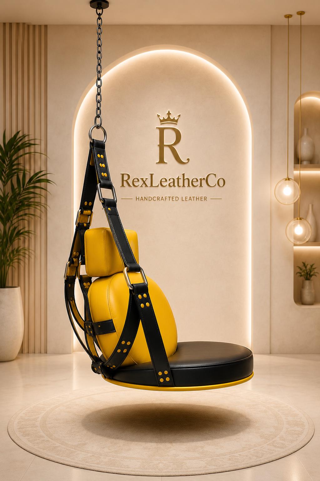 Handmade Black Leather Swing Seat with Red Stitching, Adjustable Straps and Metal Hardware