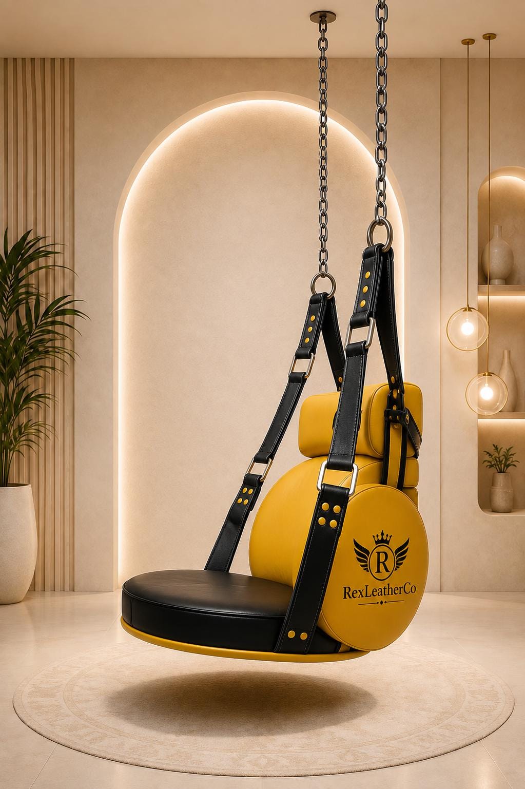Handmade Black Leather Swing Seat with Red Stitching, Adjustable Straps and Metal Hardware