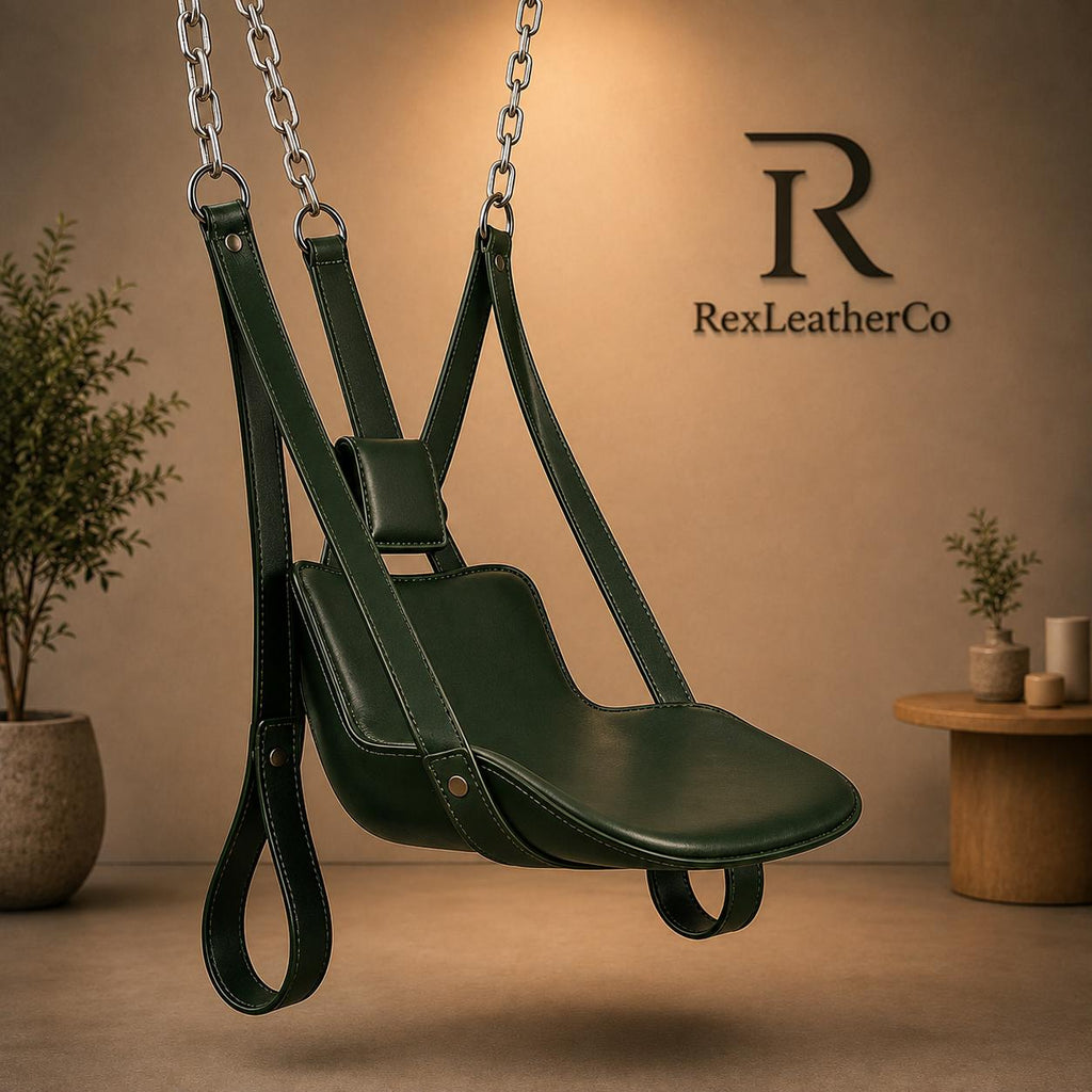 Handmade Dark Green Genuine Leather Swing Chair, Padded Seat, Adjustable Straps