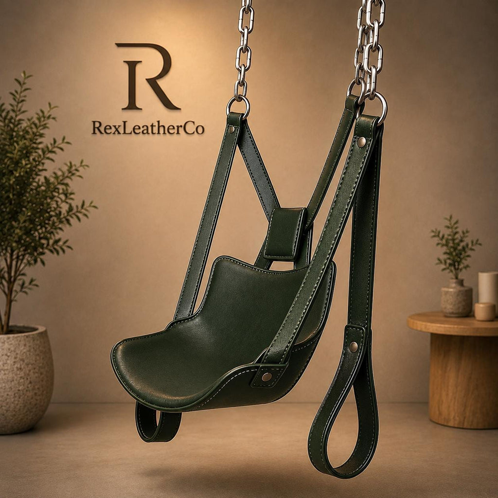 Handmade Dark Green Genuine Leather Swing Chair, Padded Seat, Adjustable Straps