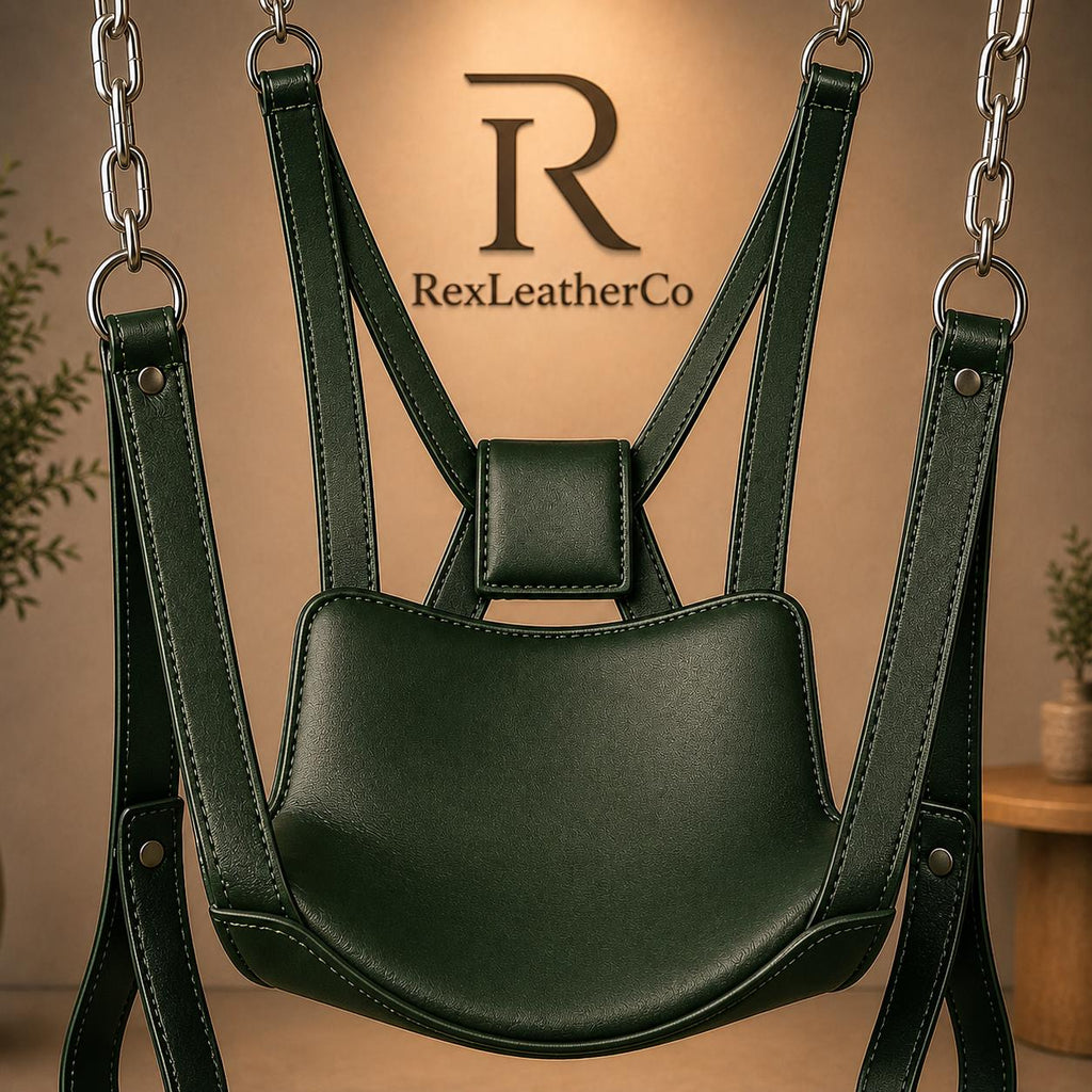 Handmade Dark Green Genuine Leather Swing Chair, Padded Seat, Adjustable Straps