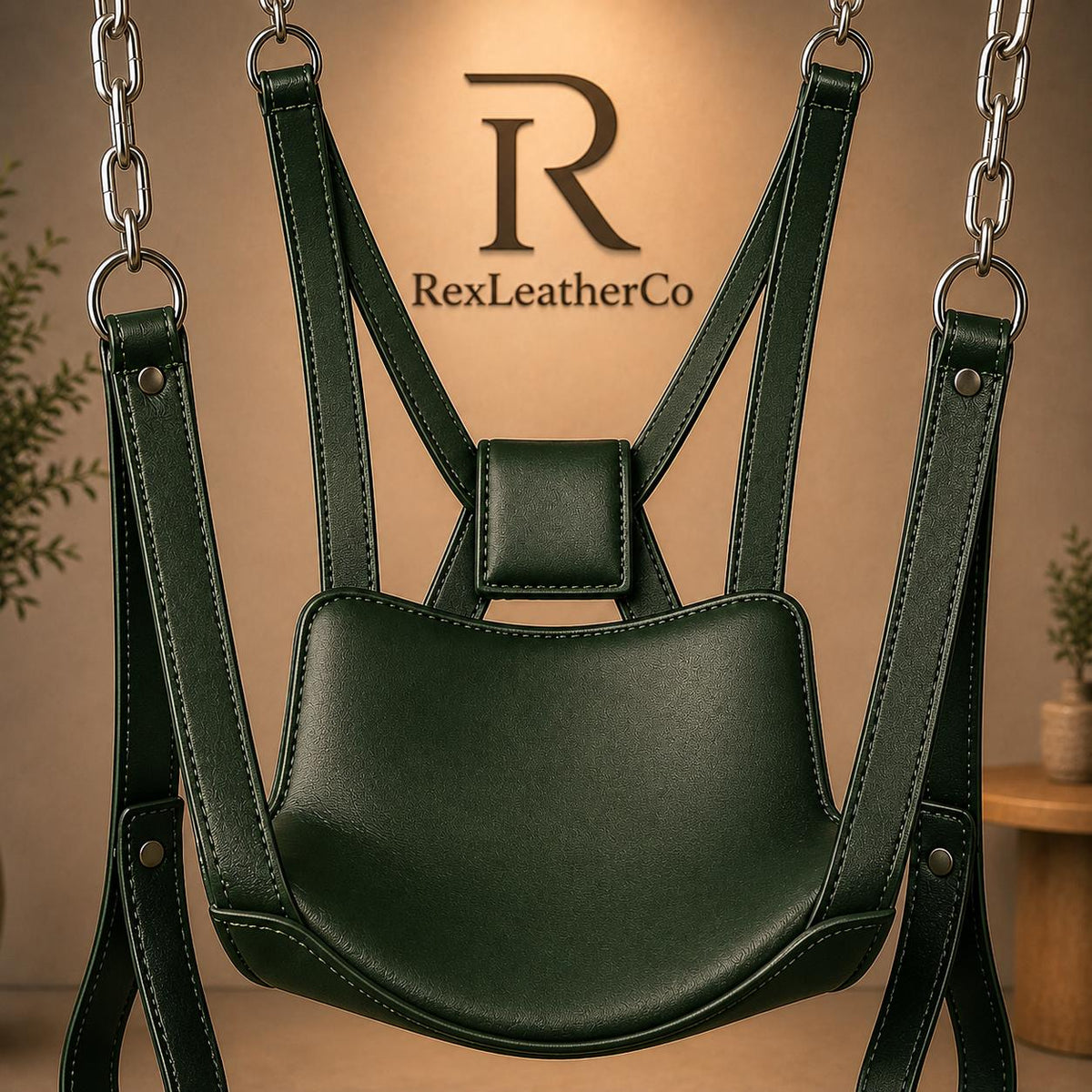 Handmade Dark Green Genuine Leather Swing Chair, Padded Seat, Adjustable Straps