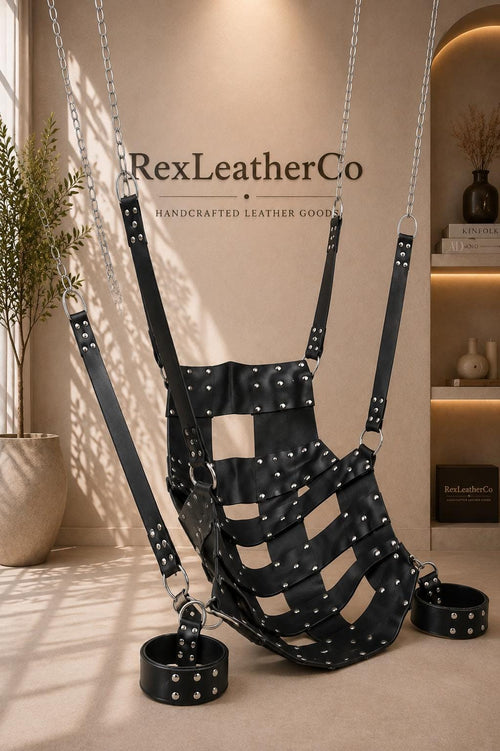 Black Leather Hanging Swing, Handmade Suspension Seat, Adjustable Straps, Custom Furniture, Interior Decor