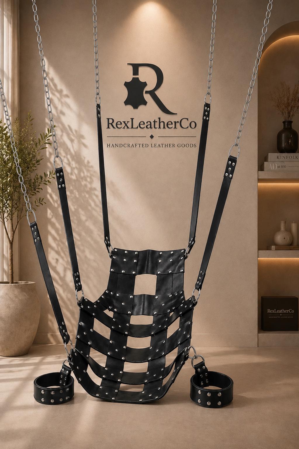 Black Leather Hanging Swing, Handmade Suspension Seat, Adjustable Straps, Custom Furniture, Interior Decor