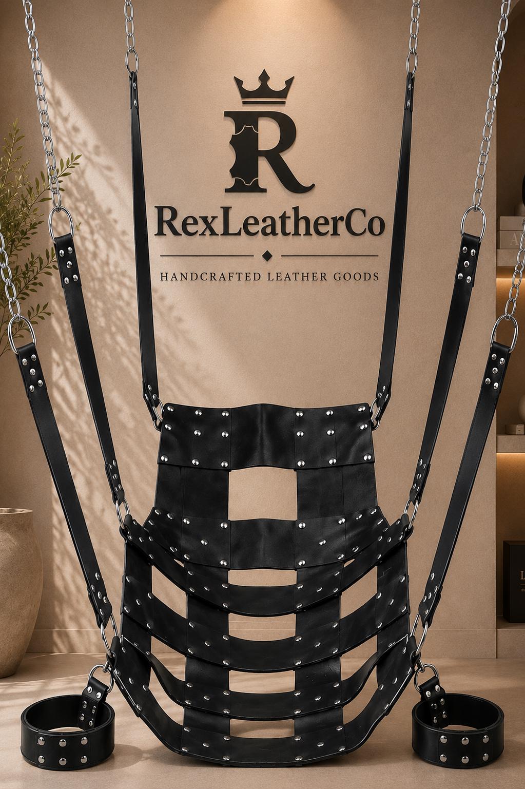 Black Leather Hanging Swing, Handmade Suspension Seat, Adjustable Straps, Custom Furniture, Interior Decor