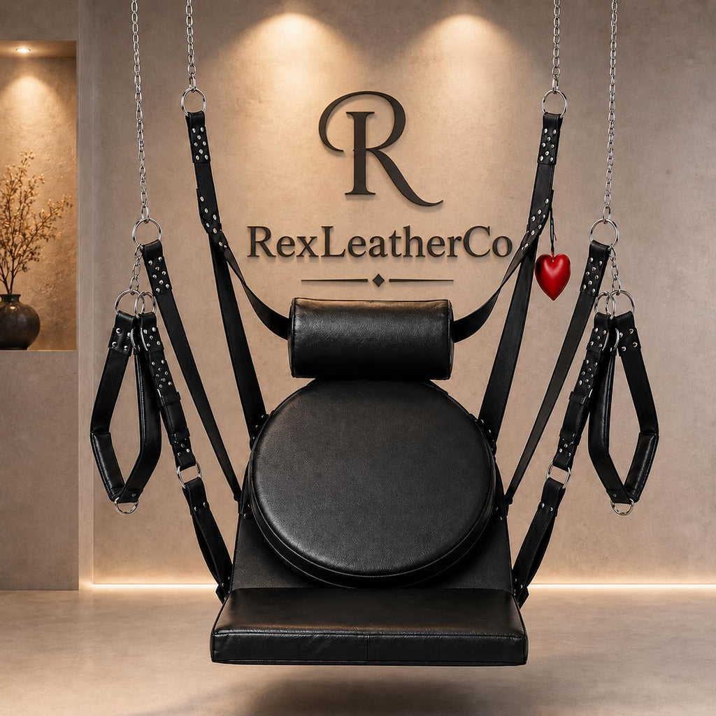 Handmade Black Leather Hanging Swing Chair, Padded Seat, Headrest, Adjustable Straps