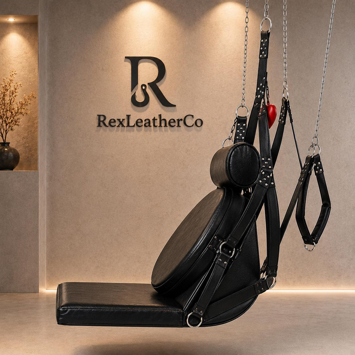 Handmade Black Leather Hanging Swing Chair, Padded Seat, Headrest, Adjustable Straps