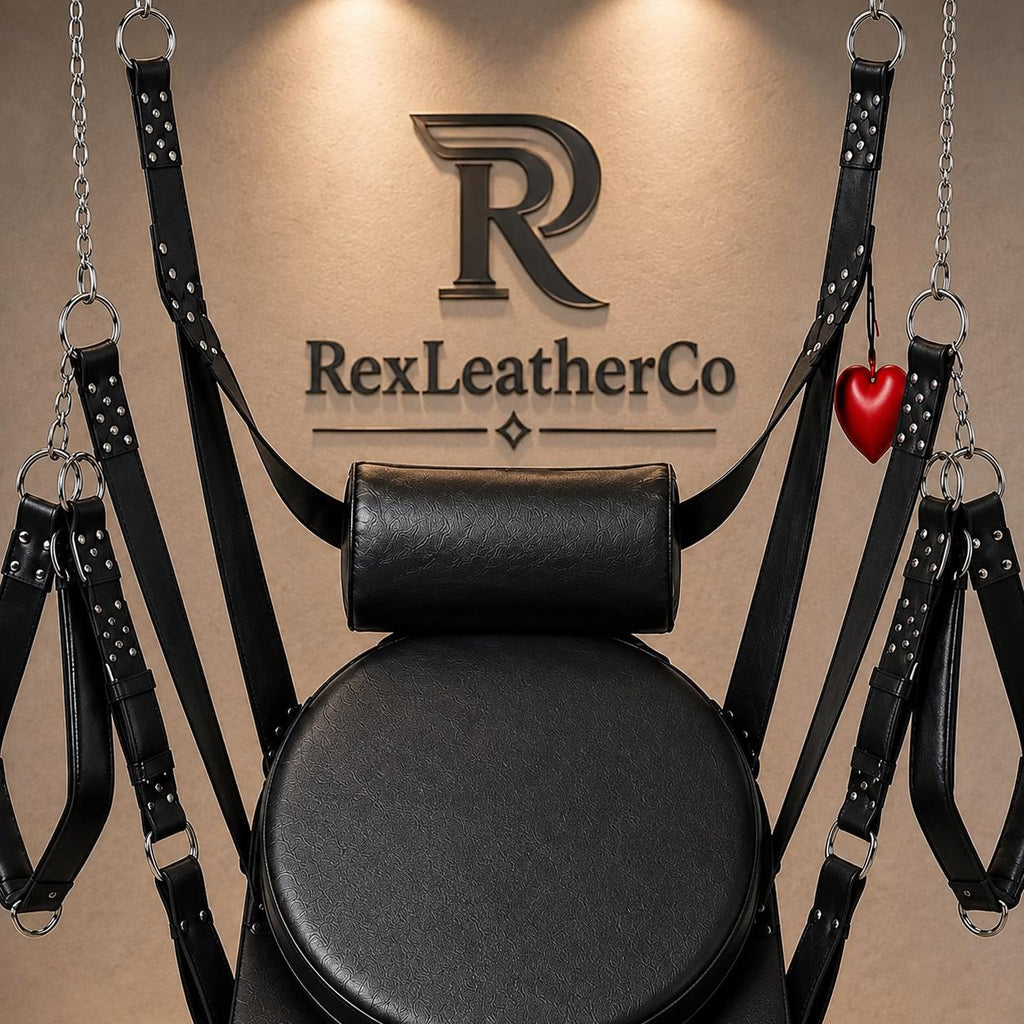 Handmade Black Leather Hanging Swing Chair, Padded Seat, Headrest, Adjustable Straps