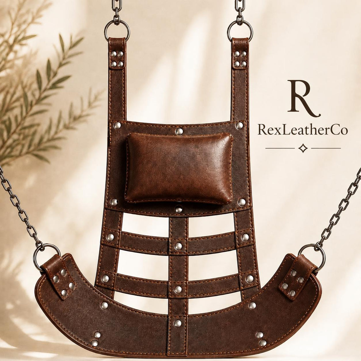 Handmade Brown Leather Hanging Swing Chair, Rustic Suspension Seat, Indoor Outdoor Furniture