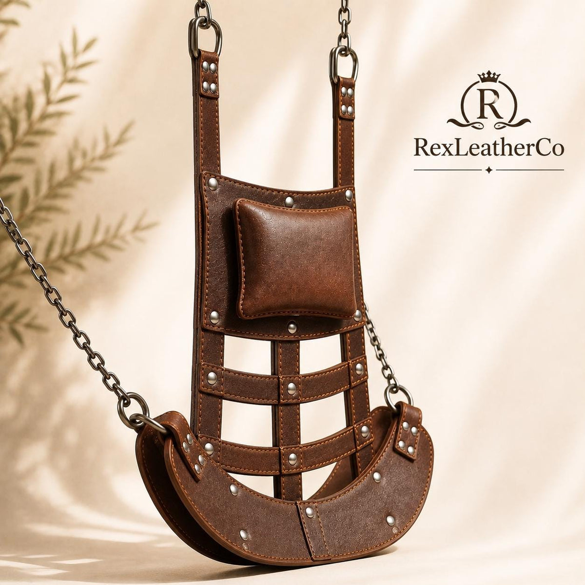 Handmade Brown Leather Hanging Swing Chair, Rustic Suspension Seat, Indoor Outdoor Furniture