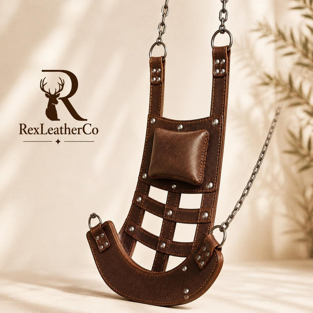 Handmade Brown Leather Hanging Swing Chair, Rustic Suspension Seat, Indoor Outdoor Furniture