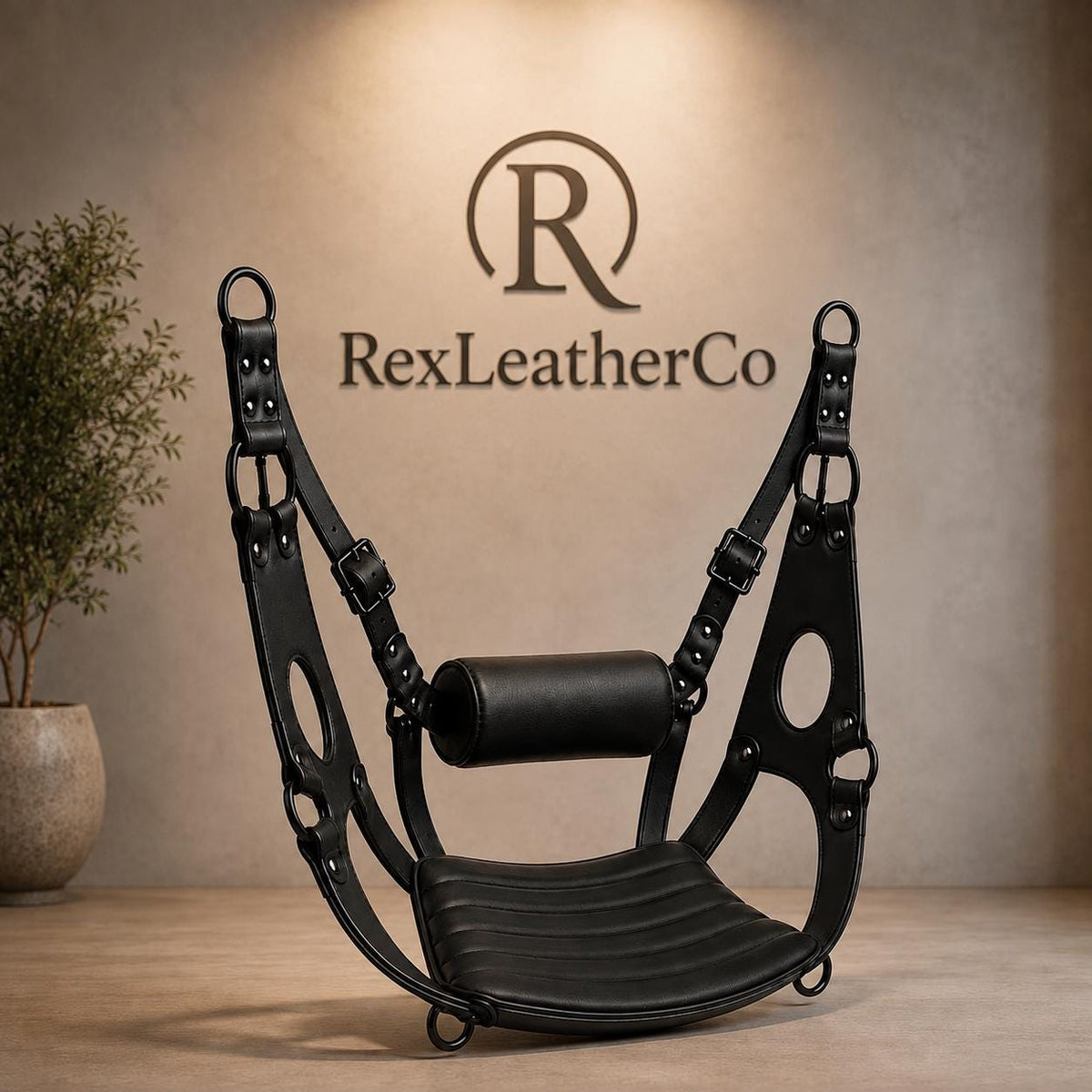 Handmade Black Leather Hanging Sling Chair, Adjustable Suspension Seat, Padded Leather Swing