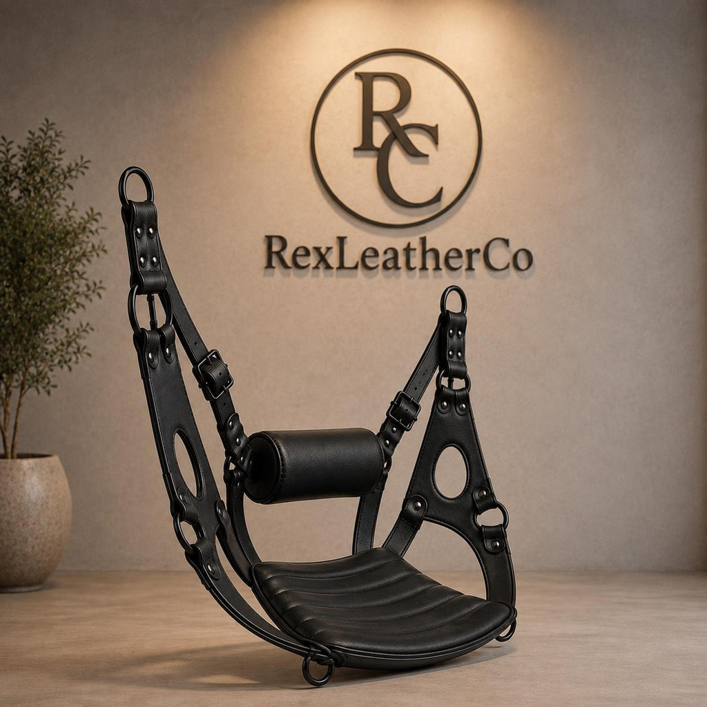 Handmade Black Leather Hanging Sling Chair, Adjustable Suspension Seat, Padded Leather Swing
