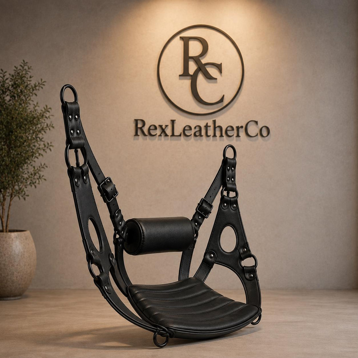 Handmade Black Leather Hanging Sling Chair, Adjustable Suspension Seat, Padded Leather Swing