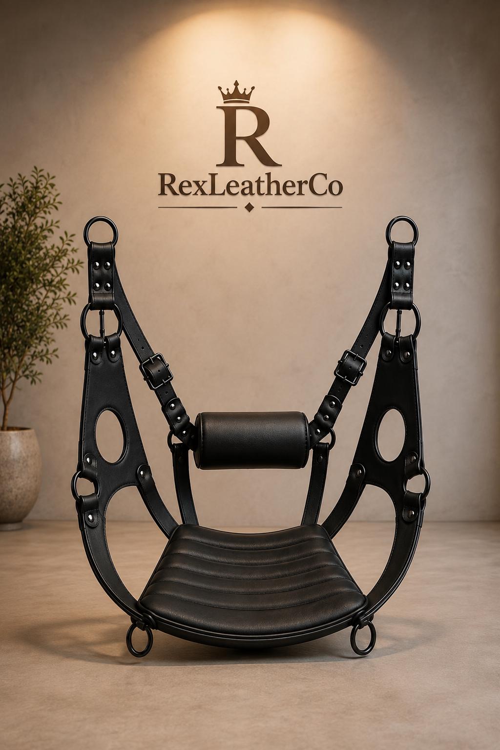Handmade Black Leather Hanging Sling Chair, Adjustable Suspension Seat, Padded Leather Swing